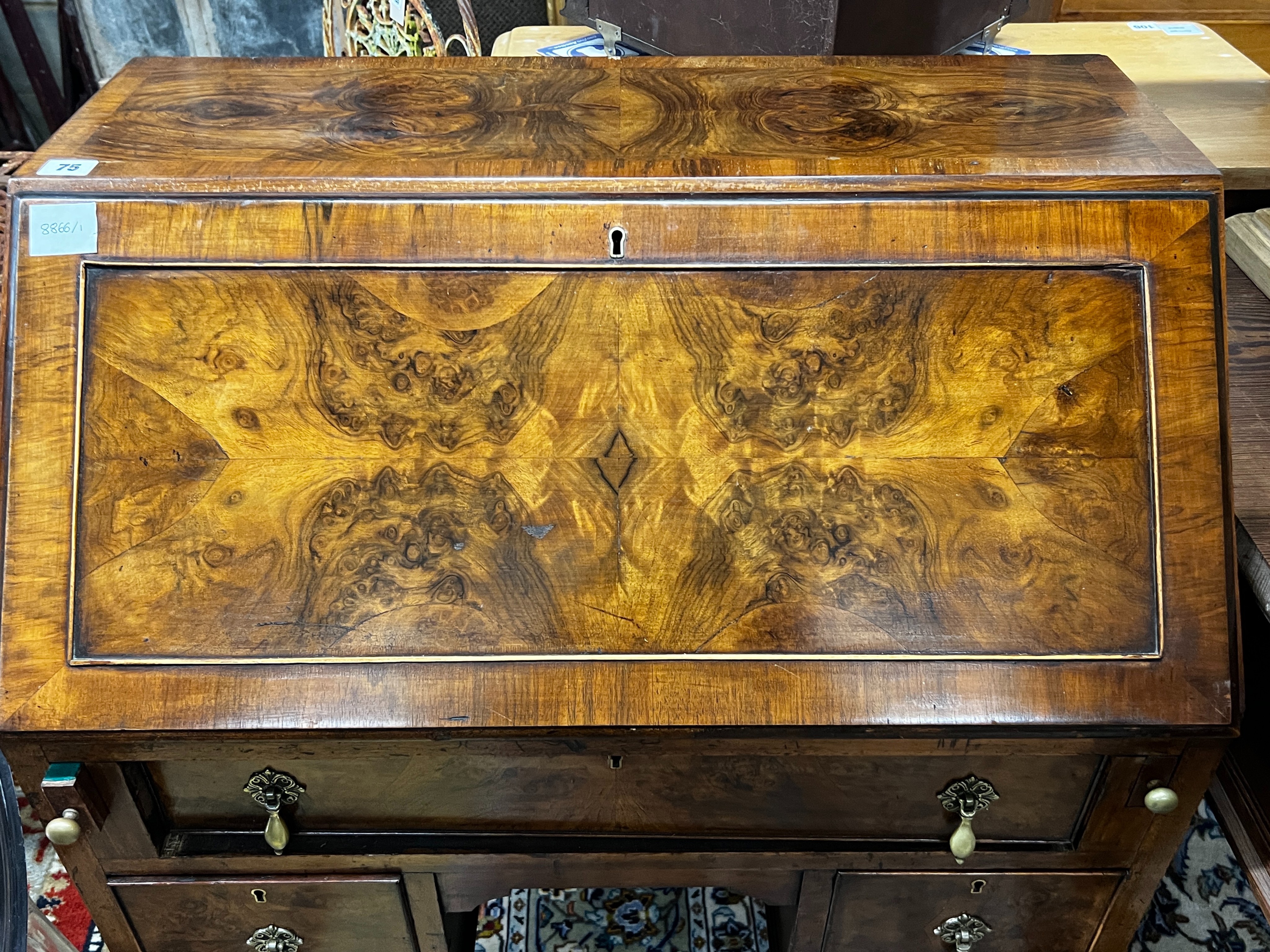 An early 20th century Queen Anne revival walnut bureau, width 76cm, depth 46cm, height 103cm